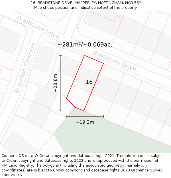 16, BRADSTONE DRIVE, MAPPERLEY, NOTTINGHAM, NG3 5SY: Plot and title map