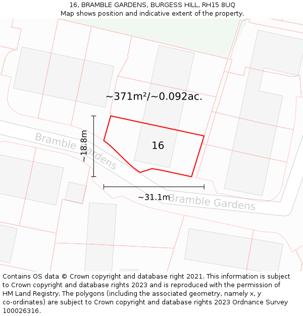 16, BRAMBLE GARDENS, BURGESS HILL, RH15 8UQ: Plot and title map
