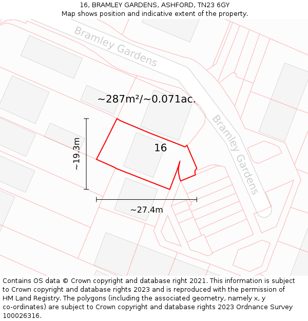 16, BRAMLEY GARDENS, ASHFORD, TN23 6GY: Plot and title map