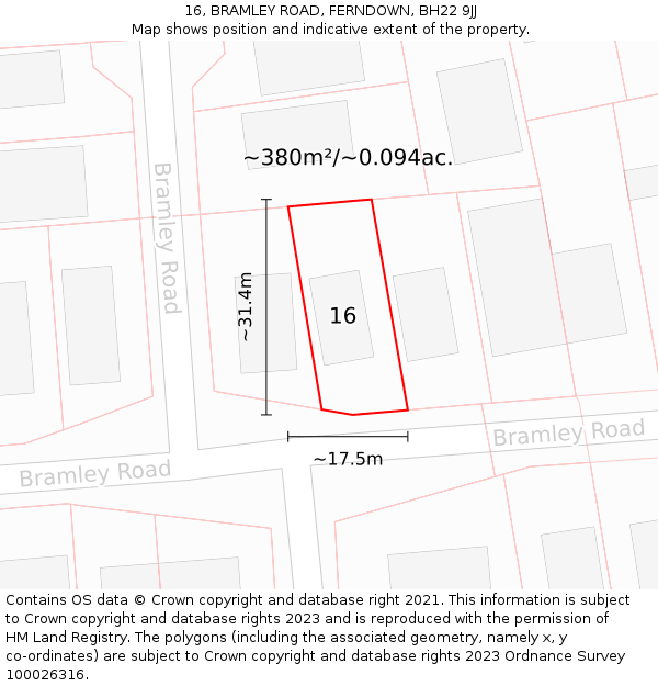 16, BRAMLEY ROAD, FERNDOWN, BH22 9JJ: Plot and title map