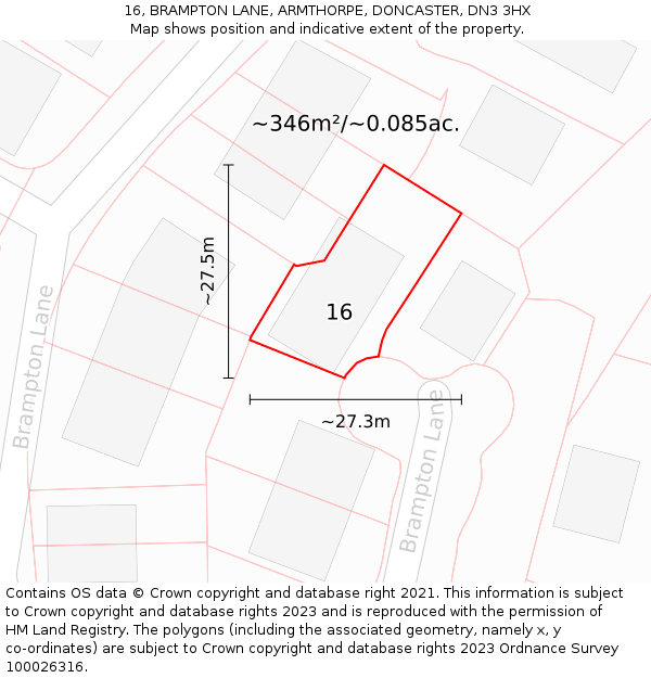 16, BRAMPTON LANE, ARMTHORPE, DONCASTER, DN3 3HX: Plot and title map