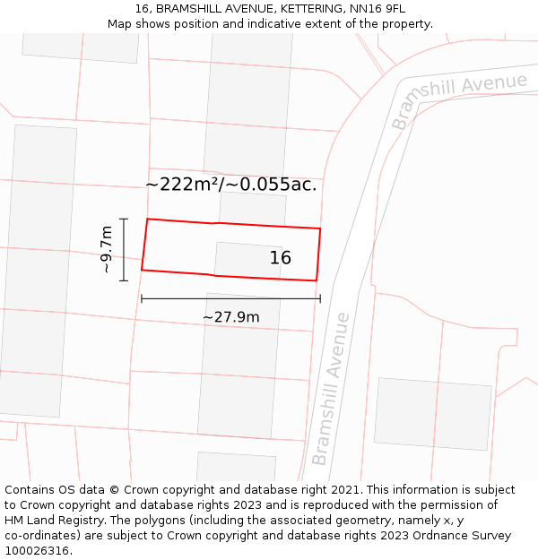 16, BRAMSHILL AVENUE, KETTERING, NN16 9FL: Plot and title map