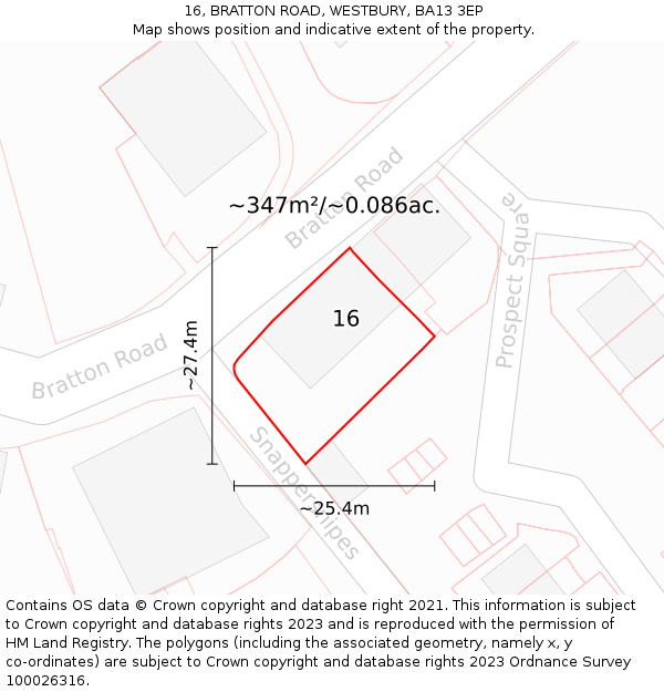 16, BRATTON ROAD, WESTBURY, BA13 3EP: Plot and title map