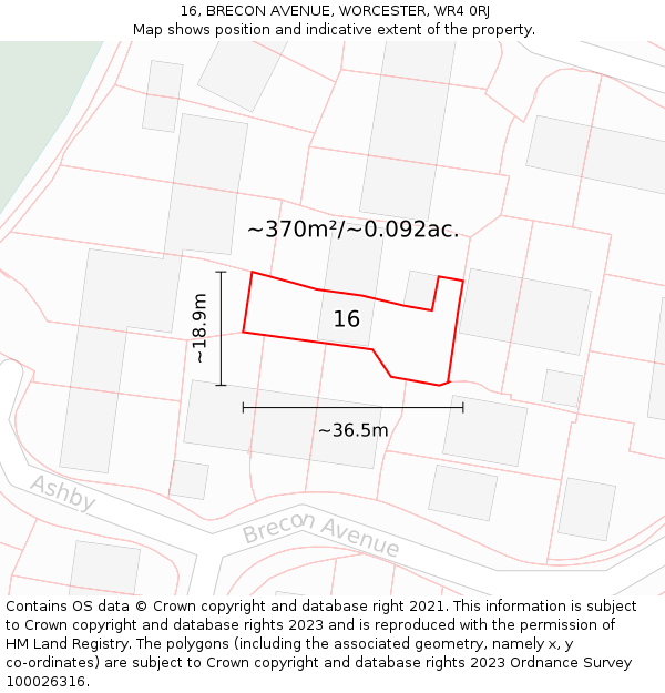 16, BRECON AVENUE, WORCESTER, WR4 0RJ: Plot and title map