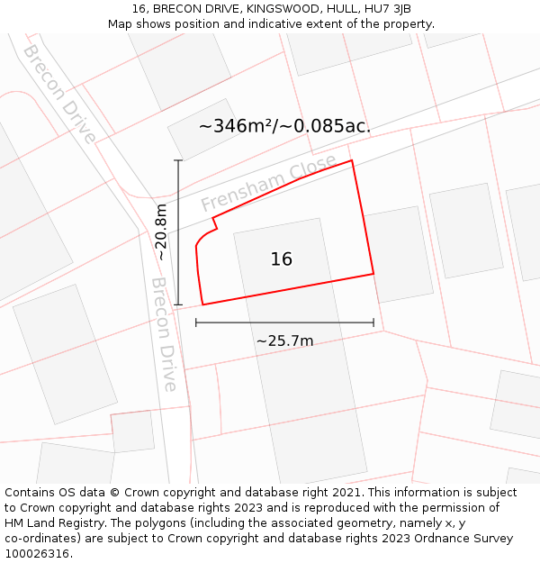 16, BRECON DRIVE, KINGSWOOD, HULL, HU7 3JB: Plot and title map