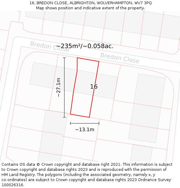 16, BREDON CLOSE, ALBRIGHTON, WOLVERHAMPTON, WV7 3PQ: Plot and title map