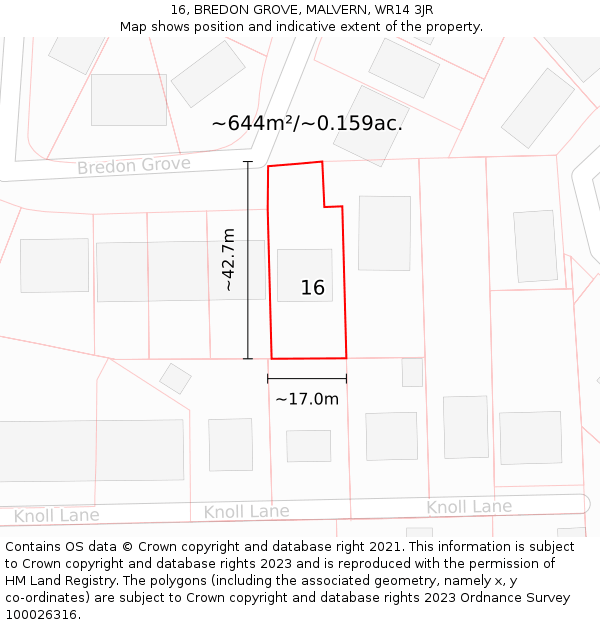 16, BREDON GROVE, MALVERN, WR14 3JR: Plot and title map