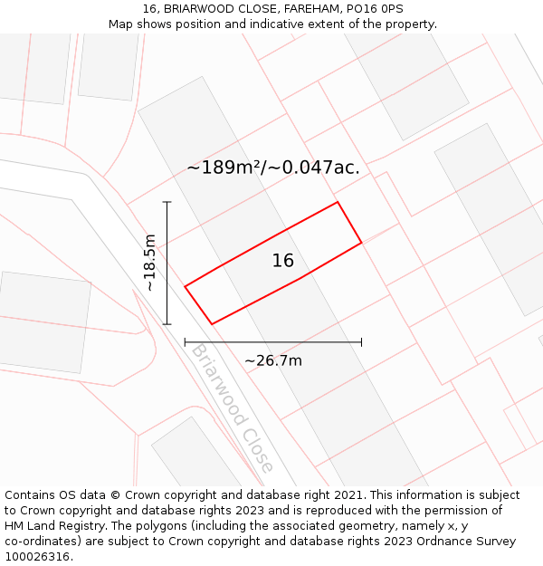 16, BRIARWOOD CLOSE, FAREHAM, PO16 0PS: Plot and title map
