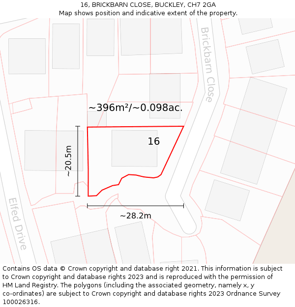 16, BRICKBARN CLOSE, BUCKLEY, CH7 2GA: Plot and title map