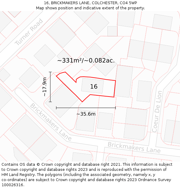 16, BRICKMAKERS LANE, COLCHESTER, CO4 5WP: Plot and title map