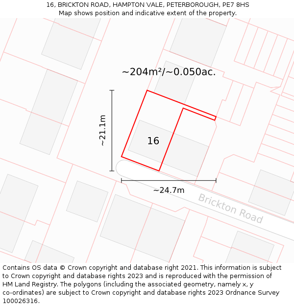 16, BRICKTON ROAD, HAMPTON VALE, PETERBOROUGH, PE7 8HS: Plot and title map