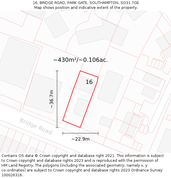 16, BRIDGE ROAD, PARK GATE, SOUTHAMPTON, SO31 7GE: Plot and title map