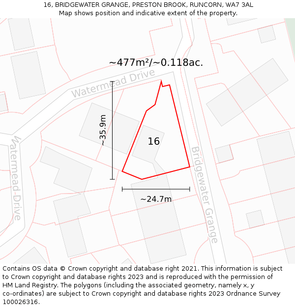 16, BRIDGEWATER GRANGE, PRESTON BROOK, RUNCORN, WA7 3AL: Plot and title map