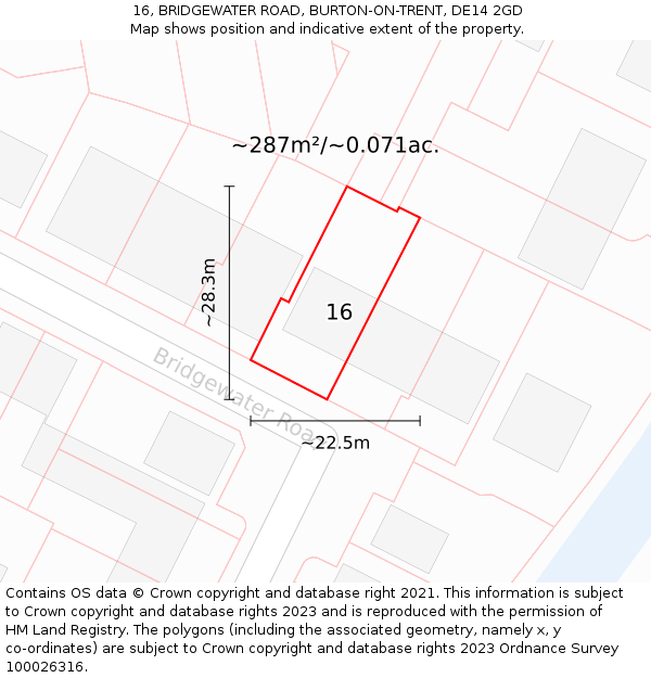 16, BRIDGEWATER ROAD, BURTON-ON-TRENT, DE14 2GD: Plot and title map