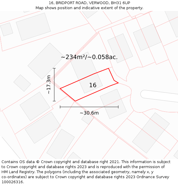 16, BRIDPORT ROAD, VERWOOD, BH31 6UP: Plot and title map