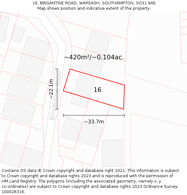 16, BRIGANTINE ROAD, WARSASH, SOUTHAMPTON, SO31 9AE: Plot and title map