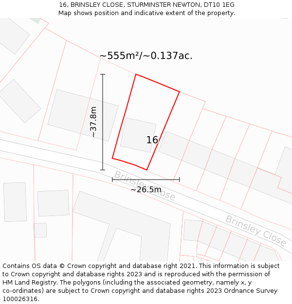 16, BRINSLEY CLOSE, STURMINSTER NEWTON, DT10 1EG: Plot and title map