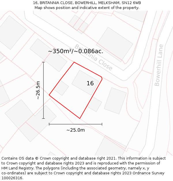 16, BRITANNIA CLOSE, BOWERHILL, MELKSHAM, SN12 6WB: Plot and title map