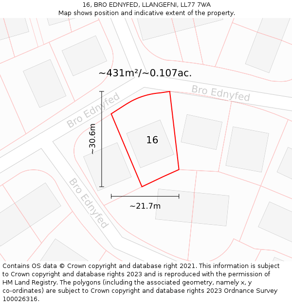 16, BRO EDNYFED, LLANGEFNI, LL77 7WA: Plot and title map