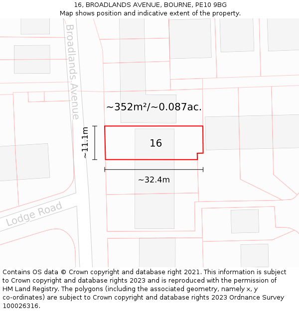 16, BROADLANDS AVENUE, BOURNE, PE10 9BG: Plot and title map