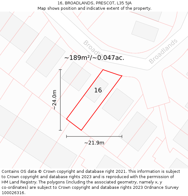 16, BROADLANDS, PRESCOT, L35 5JA: Plot and title map