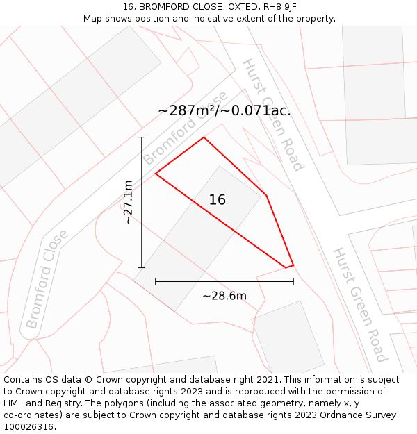 16, BROMFORD CLOSE, OXTED, RH8 9JF: Plot and title map