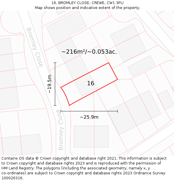 16, BROMLEY CLOSE, CREWE, CW1 3PU: Plot and title map