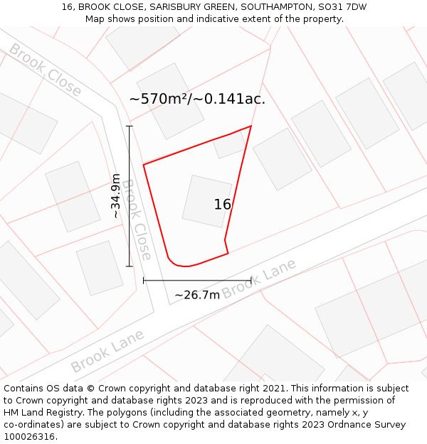 16, BROOK CLOSE, SARISBURY GREEN, SOUTHAMPTON, SO31 7DW: Plot and title map