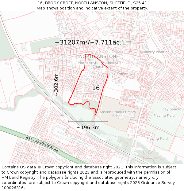 16, BROOK CROFT, NORTH ANSTON, SHEFFIELD, S25 4FJ: Plot and title map