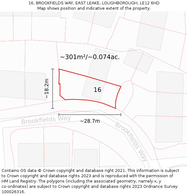 16, BROOKFIELDS WAY, EAST LEAKE, LOUGHBOROUGH, LE12 6HD: Plot and title map