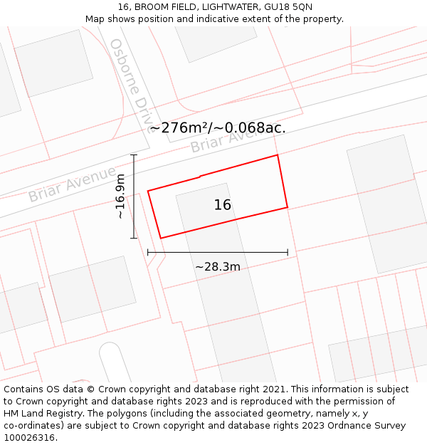 16, BROOM FIELD, LIGHTWATER, GU18 5QN: Plot and title map