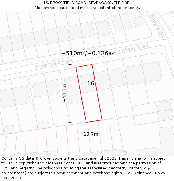 16, BROOMFIELD ROAD, SEVENOAKS, TN13 3EL: Plot and title map