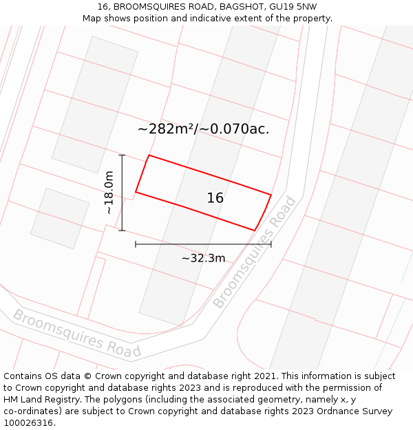 16, BROOMSQUIRES ROAD, BAGSHOT, GU19 5NW: Plot and title map