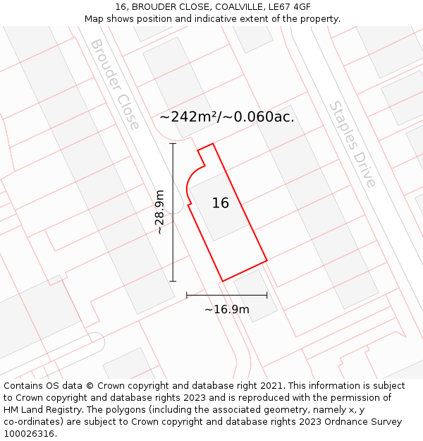 16, BROUDER CLOSE, COALVILLE, LE67 4GF: Plot and title map