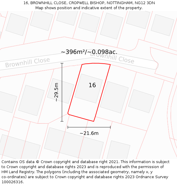 16, BROWNHILL CLOSE, CROPWELL BISHOP, NOTTINGHAM, NG12 3DN: Plot and title map