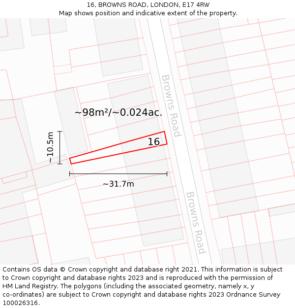 16, BROWNS ROAD, LONDON, E17 4RW: Plot and title map