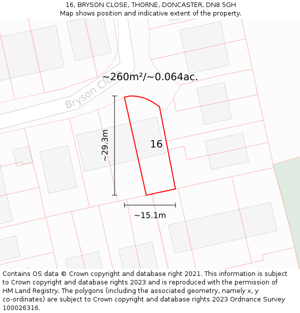 16, BRYSON CLOSE, THORNE, DONCASTER, DN8 5GH: Plot and title map