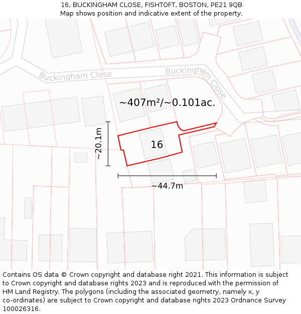 16, BUCKINGHAM CLOSE, FISHTOFT, BOSTON, PE21 9QB: Plot and title map