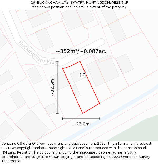 16, BUCKINGHAM WAY, SAWTRY, HUNTINGDON, PE28 5NF: Plot and title map