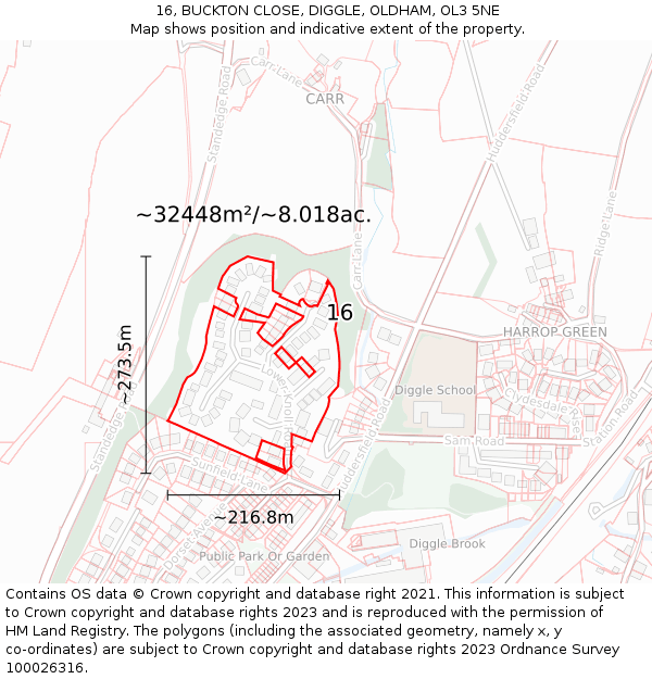 16, BUCKTON CLOSE, DIGGLE, OLDHAM, OL3 5NE: Plot and title map