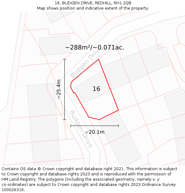 16, BUDGEN DRIVE, REDHILL, RH1 2QB: Plot and title map