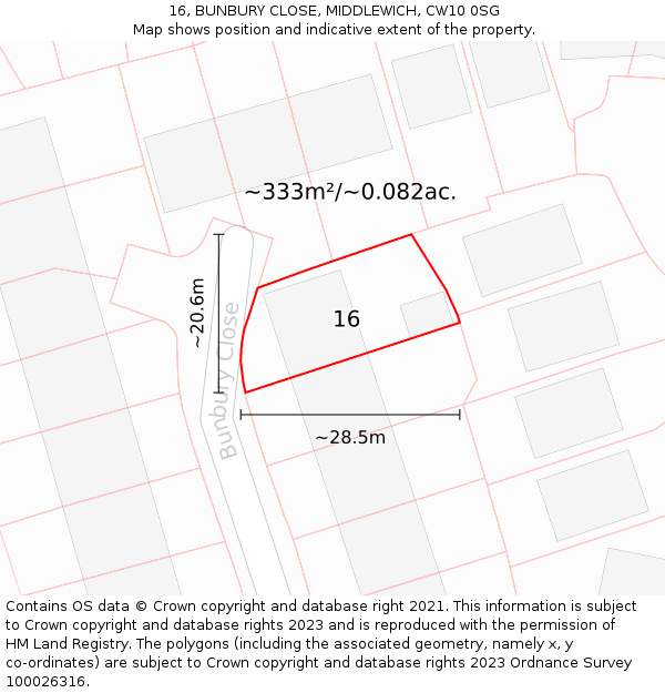 16, BUNBURY CLOSE, MIDDLEWICH, CW10 0SG: Plot and title map