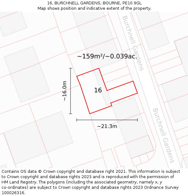 16, BURCHNELL GARDENS, BOURNE, PE10 9GL: Plot and title map