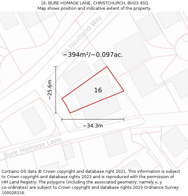 16, BURE HOMAGE LANE, CHRISTCHURCH, BH23 4SQ: Plot and title map