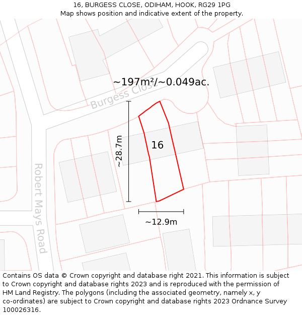 16, BURGESS CLOSE, ODIHAM, HOOK, RG29 1PG: Plot and title map