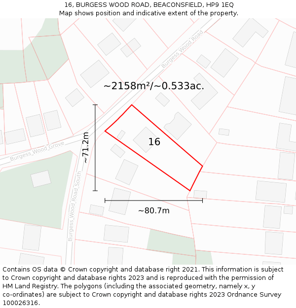 16, BURGESS WOOD ROAD, BEACONSFIELD, HP9 1EQ: Plot and title map