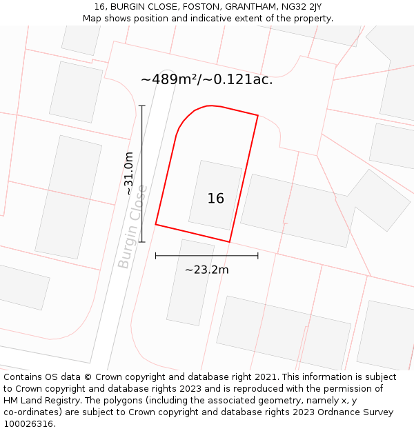 16, BURGIN CLOSE, FOSTON, GRANTHAM, NG32 2JY: Plot and title map