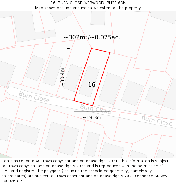 16, BURN CLOSE, VERWOOD, BH31 6DN: Plot and title map