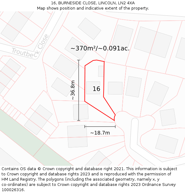 16, BURNESIDE CLOSE, LINCOLN, LN2 4XA: Plot and title map