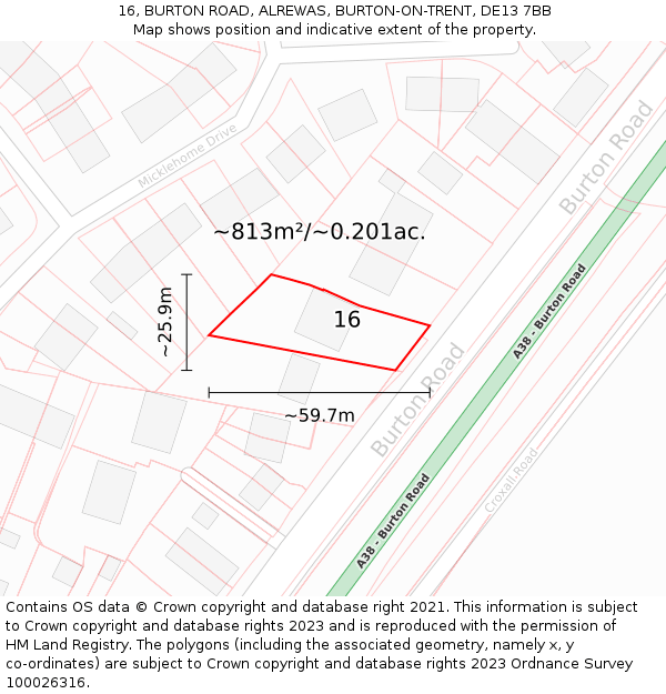 16, BURTON ROAD, ALREWAS, BURTON-ON-TRENT, DE13 7BB: Plot and title map